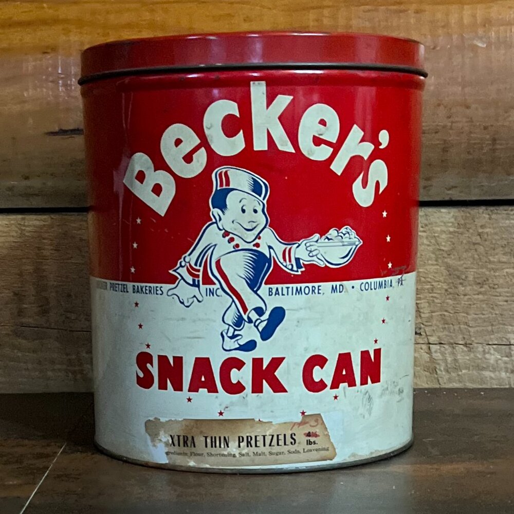 Vintage Becker's Pretzel Bakeries Tin Snack Can, 4.5 lbs.